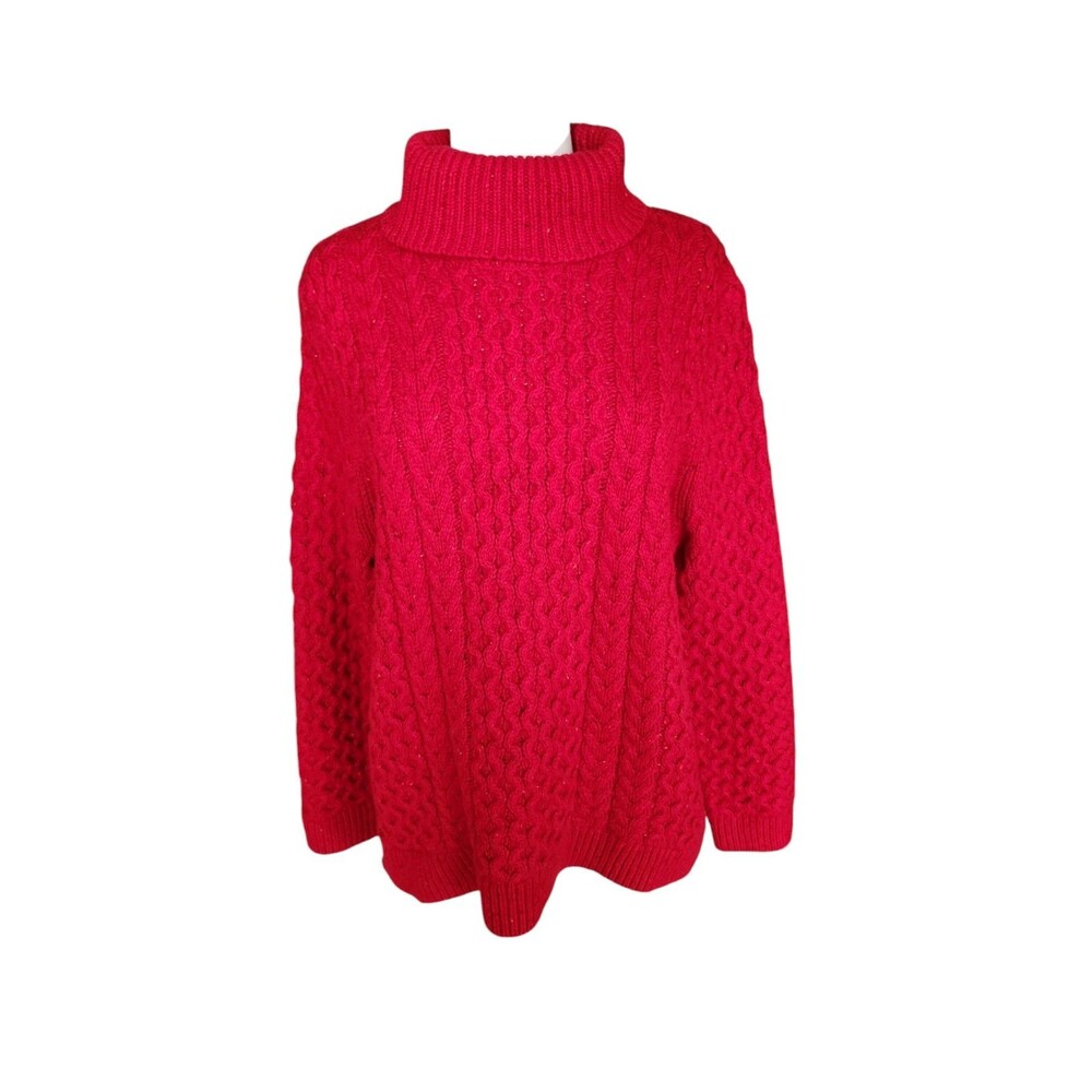 Lands' End Fisherman Turtleneck Sweater Women's Size XL Petite Red Cable Knit